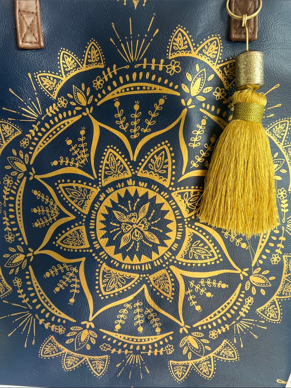 Papaya Navy Tote with Gold Mandala and Brown Straps Pink Satan Lined - Picture 8 of 16